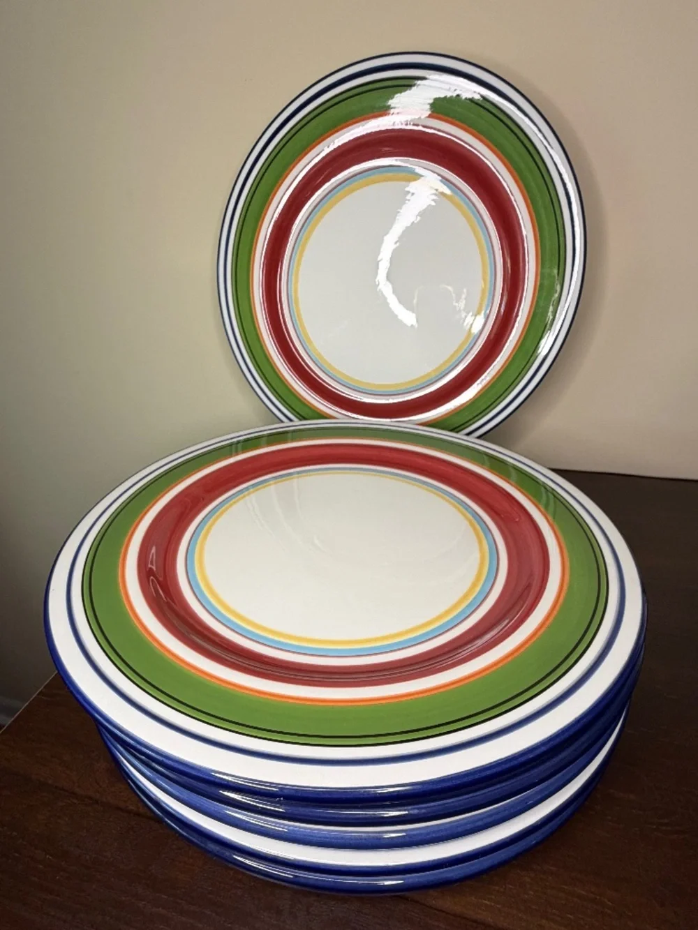Pottery Barn Espadrille Stripe Dinner Plates Set of 7 Hand Painted 12.5